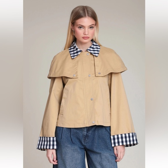 NEW! NWT AVEC LES FILLES Gingham Trim Cotton Cape Jacket in Khaki Size XS - Picture 2 of 7